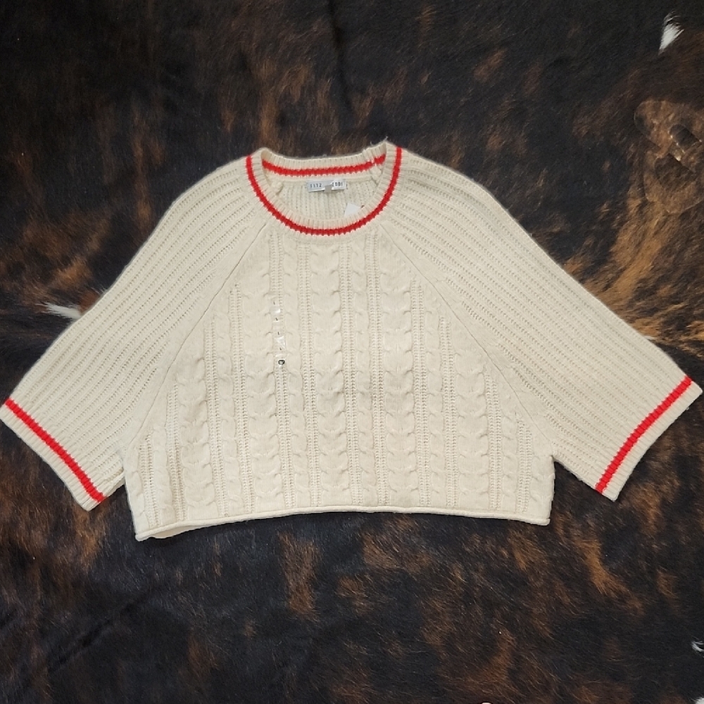 Cream Cable Knit Sweater with Red Accents